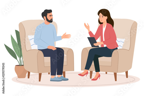 Psychotherapy session. Male patient in armchair and female psychologist. Mental health concept. Vector illustration