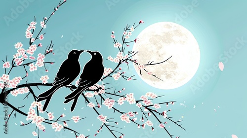 Two birds on a flowering branch against the background of the moon, vector logo