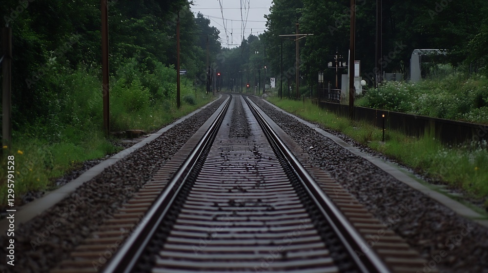 Naklejka premium Serene Straight Railway Tracks Amid Lush Green Forest Landscape : Generative AI