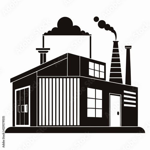 Industrial Factory with Chimneys – Black and White Manufacturing Vector Illustration


