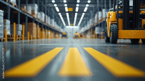 POV of a forklift stopping before a pedestrian crossing, large warehouse safety signs reminding employees of traffic rules photo