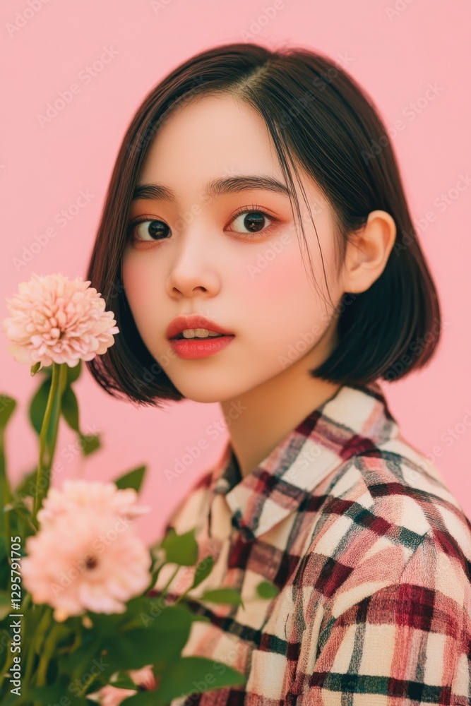 Portrait of Woman with Pink Flowers on Pink Background in Plaid Shirt Portrait of Woman with Pink Flowers on Pink Background in Plaid Shirt