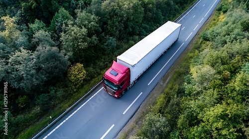 Aerial View of Large Red and White Delivery Truck on a Highway : Generative AI photo