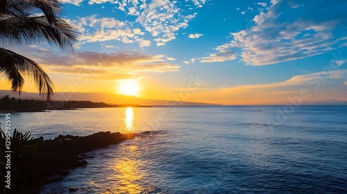 Idyllic Sunset Landscape With Palm Trees Framing The Ocean View : Generative AI photo