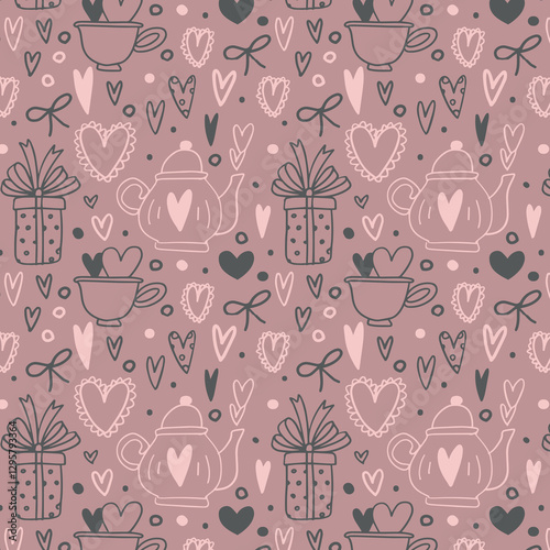 Seamless vector pattern with cute ceramic cup for coffee and tea. Doodle drawing of hand made distorted mug with hearts on pink background.