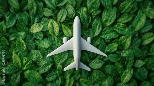 Sustainable Aviation Concept An airplane model positioned on lush green foliage, representing eco-friendly air travel and a commitment to environmental conservation through innovative technologies