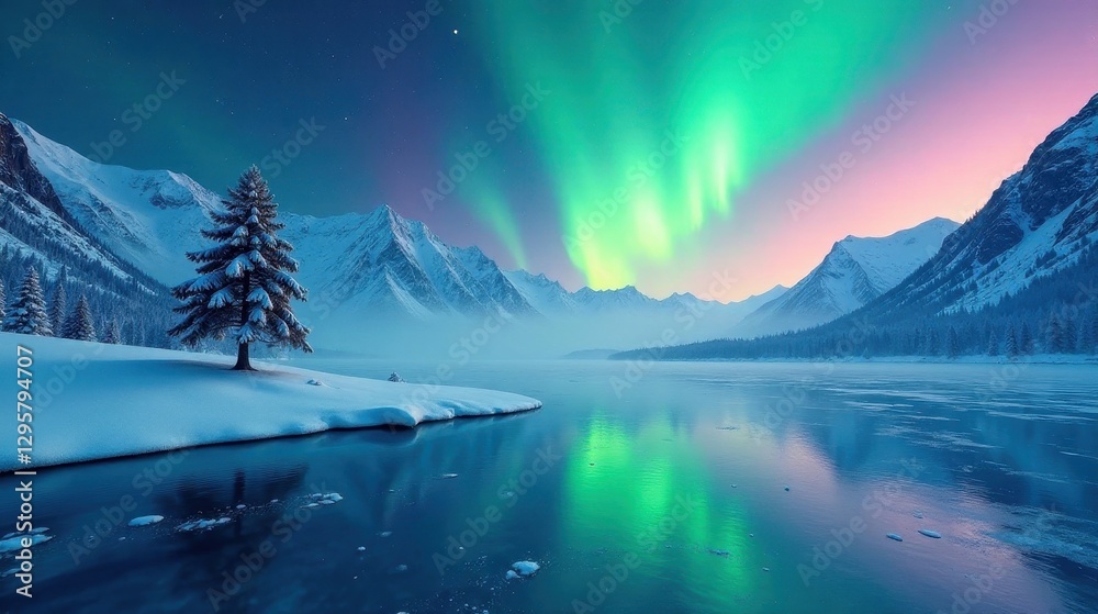 Serene Winter Landscape with Northern Lights Display Over Snowy Mountains and Frozen Lake
