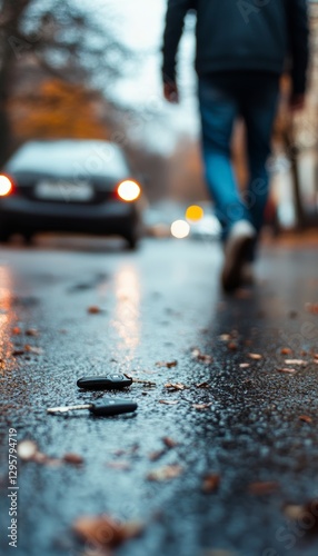A heartfelt scene of a man unknowingly leaving his dropped car keys on the street below photo