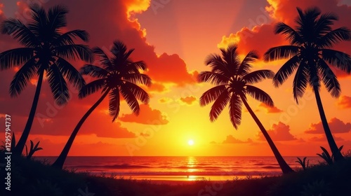 Serene Sunset Silhouette of Palm Trees on Tranquil Ocean Beach