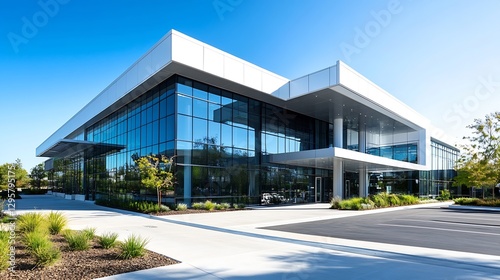 Wallpaper Mural Contemporary Glass Faced Building Surrounded by Clear Blue Sky : Generative AI Torontodigital.ca