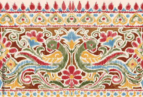  traditional ikat textile and embroidery design. colorful hand drawn birds print ikat border design. animal print kalamkari border art. design for saree ,fabric, wallpaper