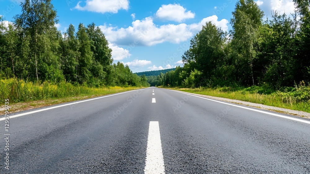 Empty Country Road Surrounded by Green Trees Under Bright Blue Sky : Generative AI Empty Country Road Surrounded by Green Trees Under Bright Blue Sky : Generative AI