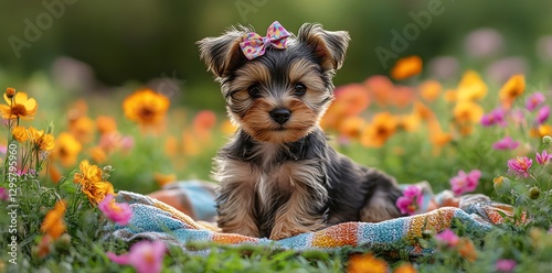 Yorkie Puppy Sitting in Flower Meadow with Colorful Bow Relaxing