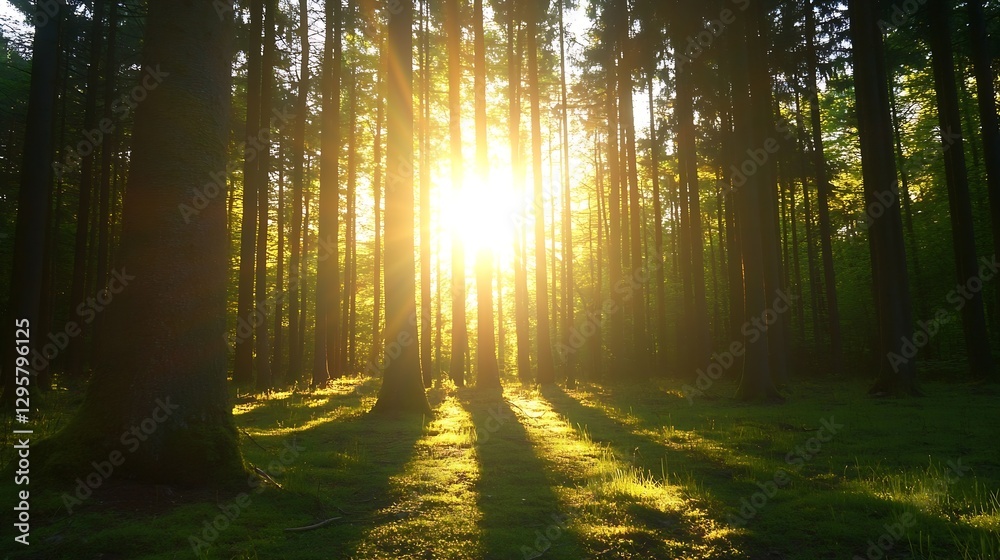 Fototapeta premium Golden Sunlight Streaming Through Tall Trees Creating a Magical Forest Scene at Dusk : Generative AI
