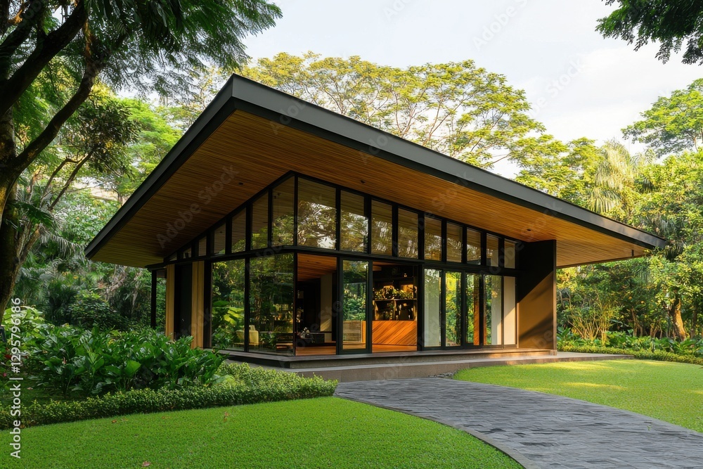 A single-story modern home with a large, overhanging wooden roof structure, floor-to-ceiling glass windows, and sharp geometric lines A single-story modern home with a large, overhanging wooden roof structure, floor-to-ceiling glass windows, and sharp geometric lines