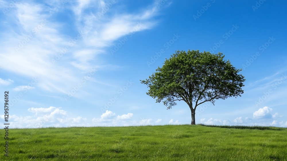 Lone Tree on Green Hill Under Clear Blue Sky : Generative AI Lone Tree on Green Hill Under Clear Blue Sky : Generative AI