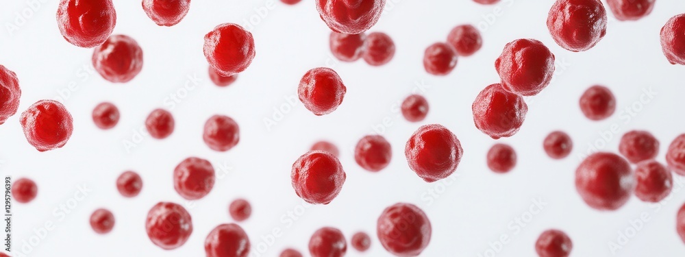Red Spheres Floating in Space Against White Background, Concept of Microorganisms, Bacteria, or Cellular Structures, Abstract Illustration for Scientific Use