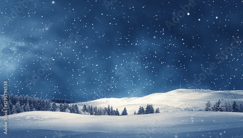 Snowy winter night landscape, snowfall, pine trees,  mountains. Use Background, wallpaper