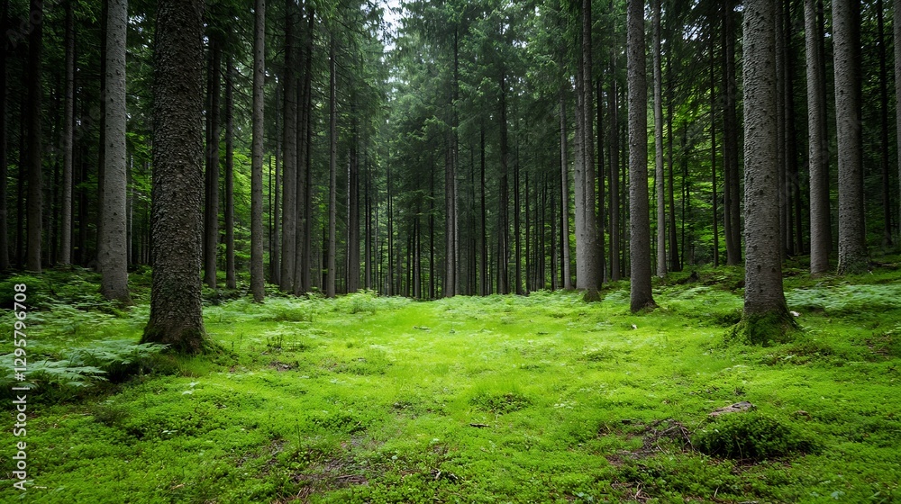 Obraz premium Serene View of Lush Green Forest with Tall Trees and Soft Mossy Ground Under Beautiful Light : Generative AI