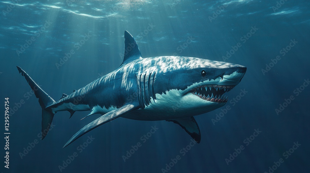 Fototapeta premium Majestic Great White Shark Swimming Gracefully Underwater in a Sunlit Ocean Environment Capturing the Beauty of Marine Life