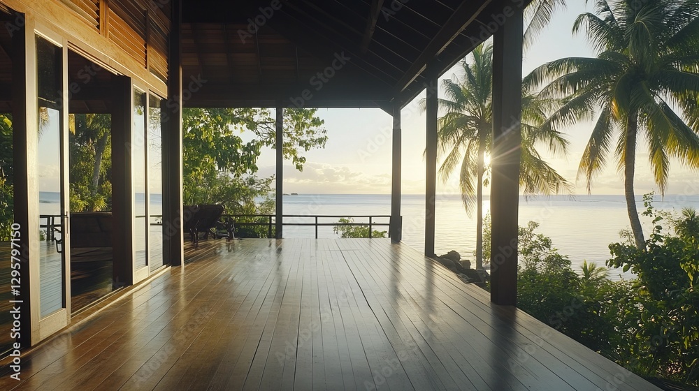 wooden deck overlooking the ocean with palm trees. wooden deck overlooking the ocean with palm trees.