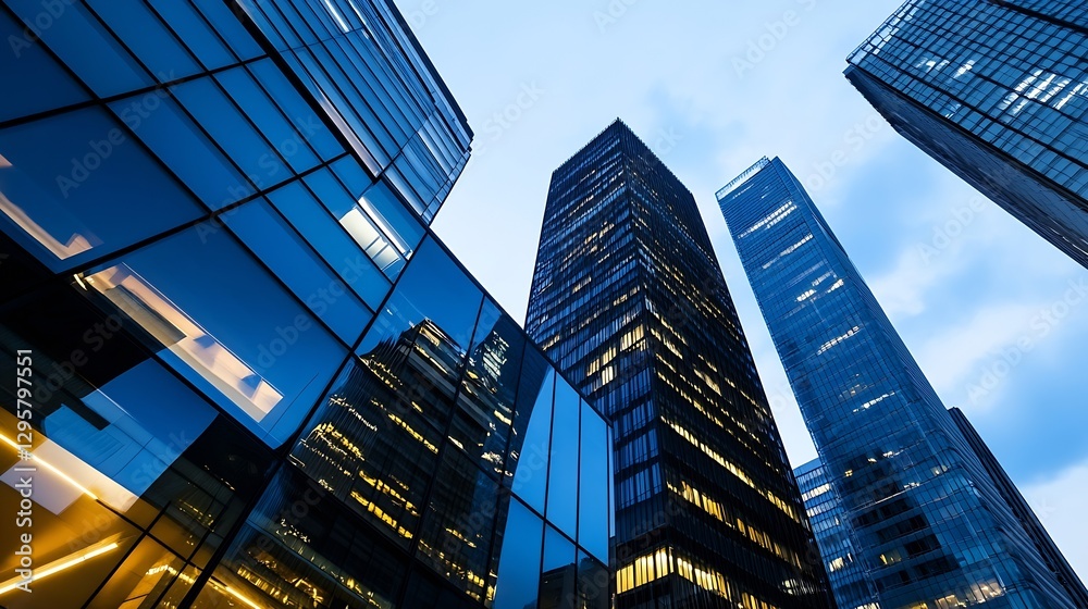 Naklejka premium Modern Cityscape at Dusk with Glass Skyscrapers and Reflective Surfaces : Generative AI