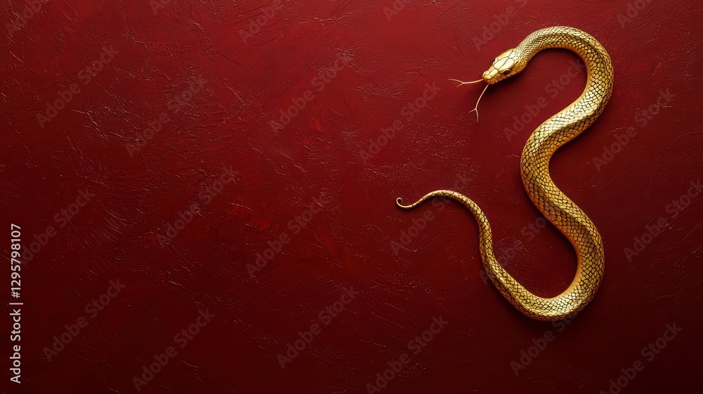 Obraz premium Golden Snake on Red: A beautifully crafted golden snake coils elegantly against a rich, red background, its details highlighted, exuding an air of mystique and elegance.