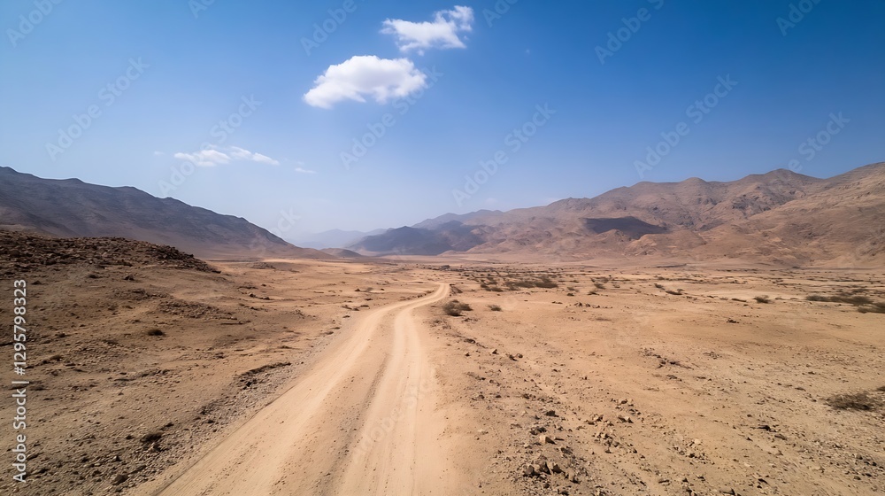 Dusty Road Leading Through Brown Desert Landscape Under Clear Blue Sky : Generative AI Dusty Road Leading Through Brown Desert Landscape Under Clear Blue Sky : Generative AI