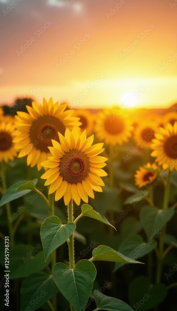 Obraz premium A field of tall sunflowers basking in a warm golden light during sunrise, bright, sunrise