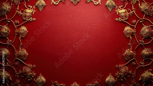 Opulent Ornament: A lavish decorative display. Golden ornaments adorn the periphery of the red background. Luxurious presentation suitable for invitation, banner, card or presentation and more.