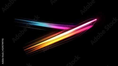 Upward pointing arrow made of vibrant glowing beams in colorful tones creating a dynamic sense of speed energy and forward motion on a sleek black background. Futuristic digital with a minimalist