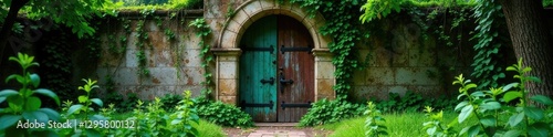Ancient doors covered in vines and moss slowly creak open, slowly, open, decay