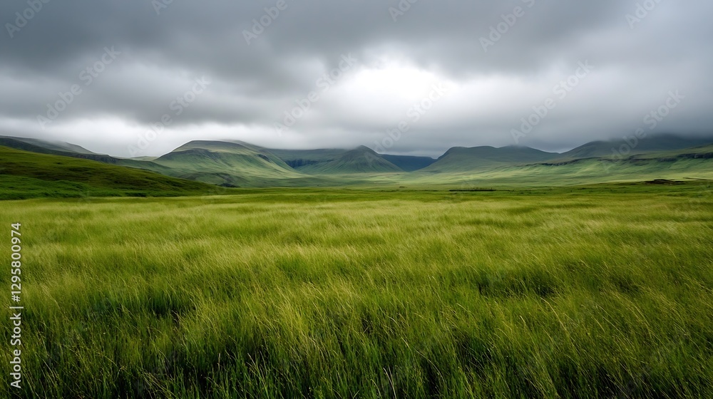 Vast Green Landscape Under Moody Clouds in a Scenic Mountain Range : Generative AI Vast Green Landscape Under Moody Clouds in a Scenic Mountain Range : Generative AI