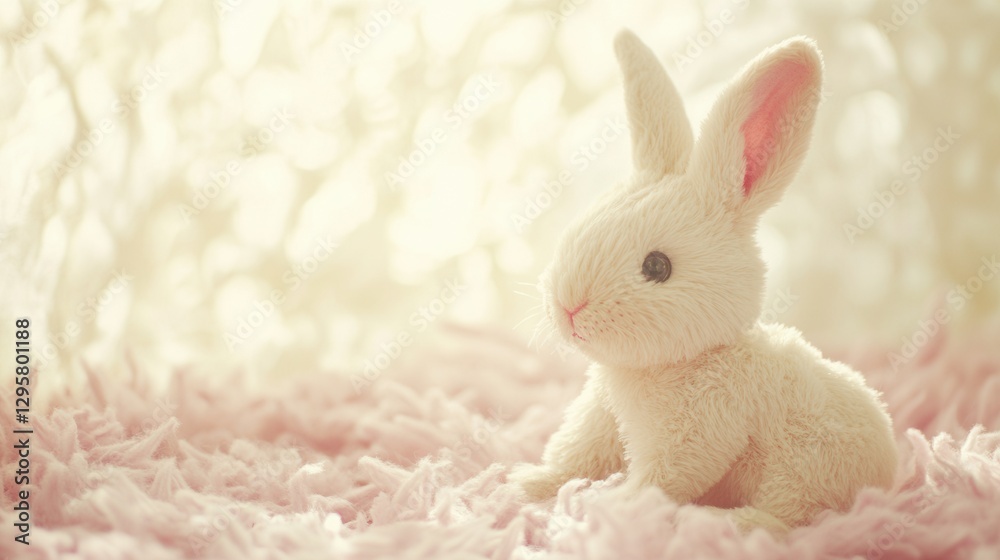 Obraz premium Soft and Adorable White Bunny Plush Toy Sitting on a Pink Fluffy Blanket with a Gentle Light Background