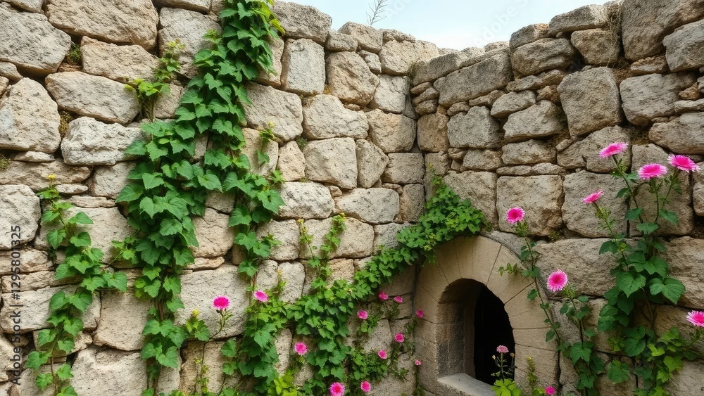 Fototapeta premium Ancient stone walls with vines and wildflowers growing through cracks, ancient, rustic, flowers