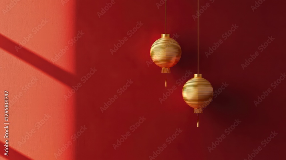 Golden Lanterns in Shadow: Two exquisite golden lanterns hang elegantly against a vibrant red backdrop, with dramatic shadows casting intriguing patterns, evoking a sense of luxury and celebration. Golden Lanterns in Shadow: Two exquisite golden lanterns hang elegantly against a vibrant red backdrop, with dramatic shadows casting intriguing patterns, evoking a sense of luxury and celebration.