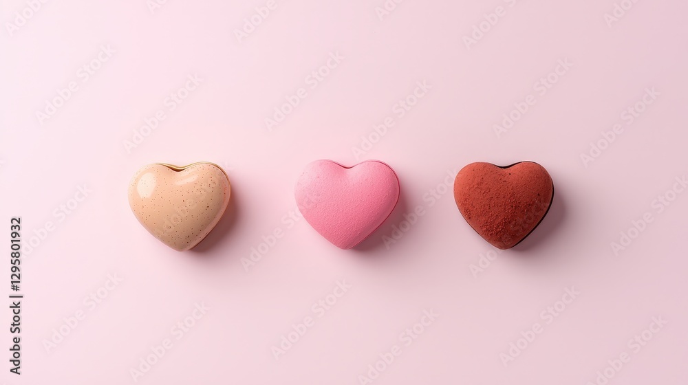 Fototapeta premium Three different colored heart shaped chocolates in a row