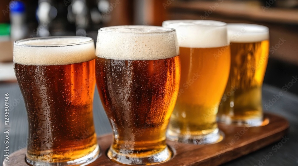 Bartender serving tasting selection of craft beer in glasses Bartender serving tasting selection of craft beer in glasses