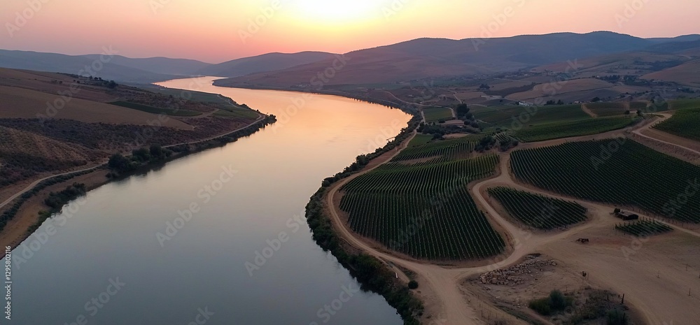 Fototapeta premium Aerial view of a serene river winding through vineyards at sunset.