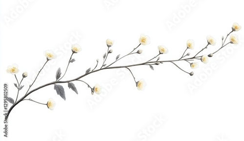 Isolated branch with small white flowers, elegant design,  floral illustration,  white background
