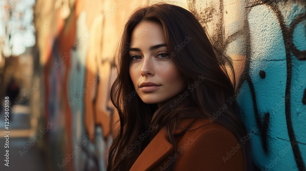 Fototapeta premium Beautiful Brunette Woman in Stylish Brown Coat Posing by Colorful Graffiti Wall, Trendy Urban Fashion Portrait, Streetwear Style, Youth Culture, City Lifestyle Photography