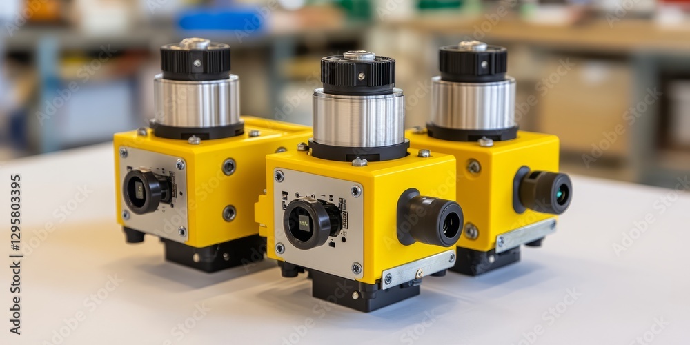 Fototapeta premium Yellow Industrial Inspection Cameras on Table