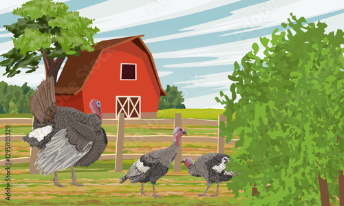 A flock of turkeys walks around the poultry yard near the field and barn. Domestic and farm poultry. Realistic vector landscape