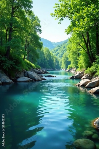 River scene with silky smooth water and lush greenery, river scenery, clear water