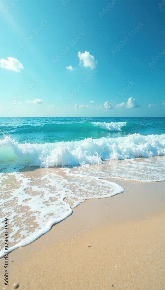 Soft, azure wave washes over smooth, pale sand, fine, soft Soft, azure wave washes over smooth, pale sand, fine, soft