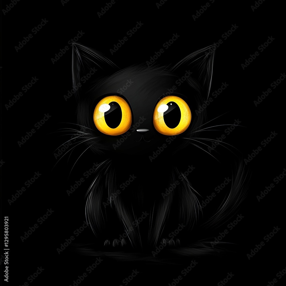 Fototapeta premium A black cat with yellow eyes sitting in the dark