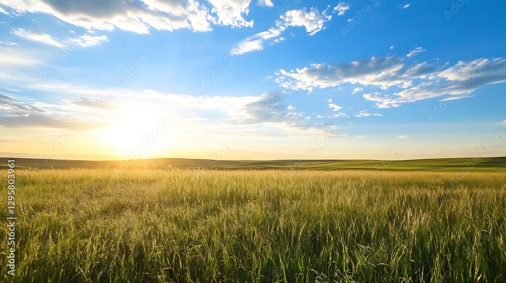 Fototapeta premium Golden Wheat Field Under Clear Blue Sky During Sunset Hour : Generative AI
