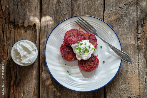 beetroot cutlets with sour cream sauce garnished with green onions