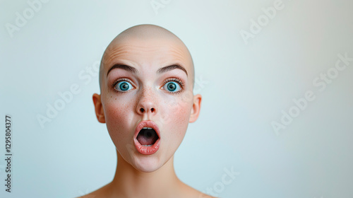 Mujer con la cabeza rapada y cara de sorpresa con la boca abierta y espacio para texto