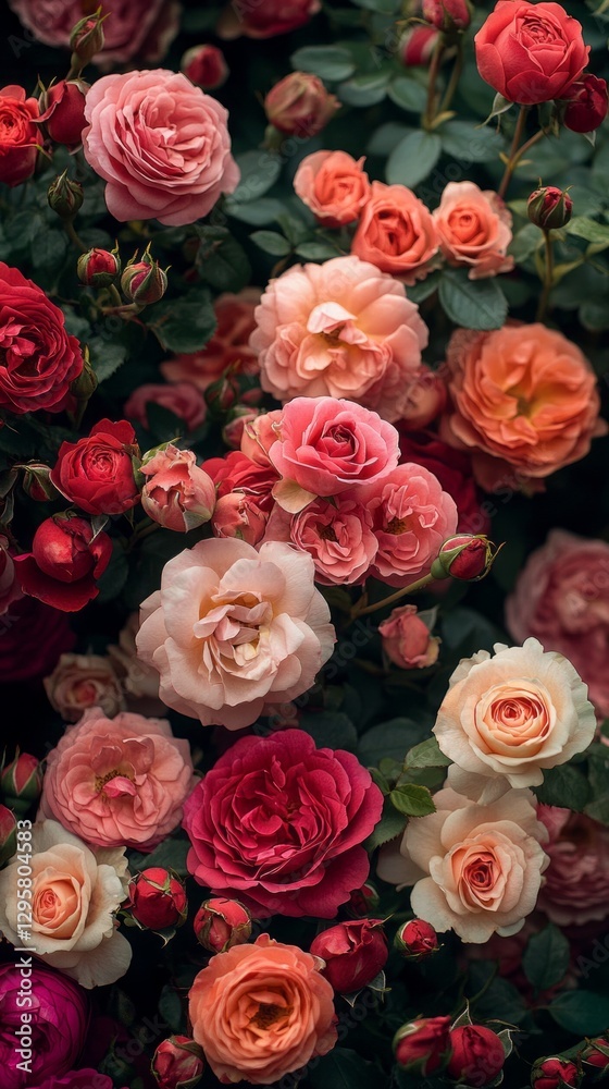 In a beautiful garden, roses of various colors bloom in full splendor, creating a tapestry of rich hues and textures. Each flower captures the essence of nature's beauty In a beautiful garden, roses of various colors bloom in full splendor, creating a tapestry of rich hues and textures. Each flower captures the essence of nature's beauty